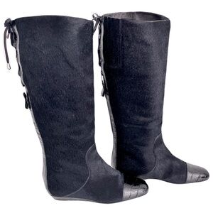 Migliorini Black Pony Hair Croc-Embossed Leather Corset-Back Boots, Size 7.5